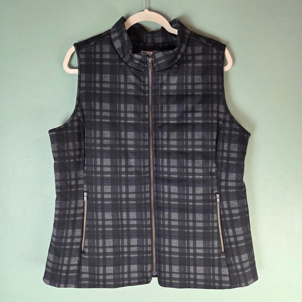 Market & Spruce Womens XL Langley Plaid Ponte Vest Black Sleeveless Layering